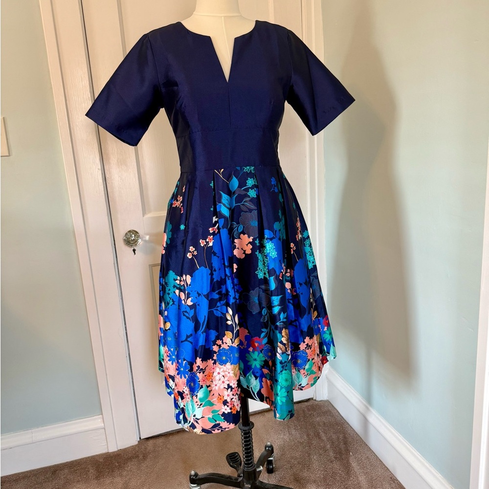eShakti Blue Pink Flutter Sleeve Fit and Flare Dress